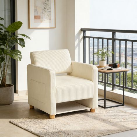 Meubles Cosy KARIA poltrona da salotto stile scandinavo in velluto a coste, con braccioli e gambe in legno, beige