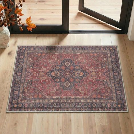 Tapis Entree Interieur Vintage 60x90cm Lavable en Machine AntidéRapant Poil Ras, pour Chambre Salle a Manger Descente de Lit Bureau, Cuisine, Pourpre Rosé Rétro (1/5)