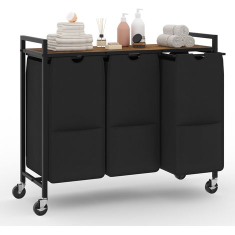 Trieur à linge sur roulettes 3 compartiments, cadre métal, étagère bonjourérieure (100 lb), sacs tissu amovibles/coulissants 3 x 48 L, rangement linge sale gain de place,marron