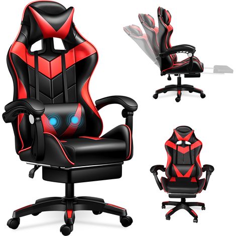 Magicfox – Chaise gaming ergonomique cuir PU – Dossier inclinable 90° à 135° – Coussin lombaire de massage USB – Charge max 150 kg – Rouge