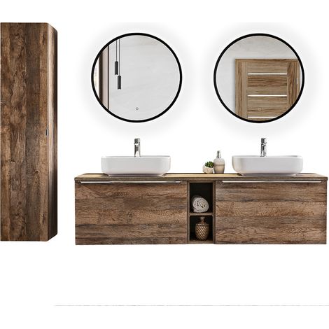 Badmöbel Komplett-Set in Vintage Oak Eiche PUEBLA-56 Spiegel mit LED-Beleuchtung, B/H/T 225/200/46 cm (1/5)