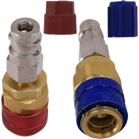 Lot de 2 adaptateurs R134a - Adaptateur d'extension côté haut et bas - Adaptateur de conversion R134a - Raccord rapide - 134a - Pour climatisation de voiture (1/2)