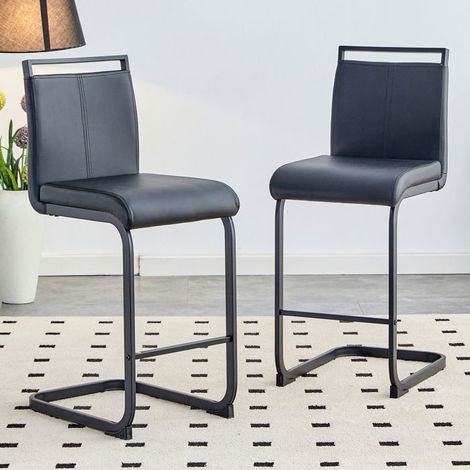 Lot de Chaises 2 chaises tabourets de bar style nordique cuir synthétique noir pieds métal noirs (1/5)