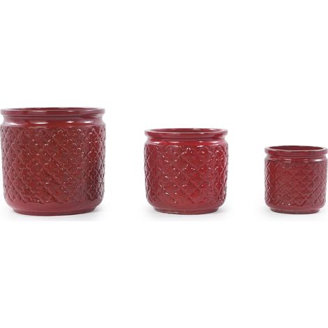 Set di 3 fioriere in ceramica smaltata bordeaux con rilievo ромboidale, Ø 38/30,5/23 cm (1/5)