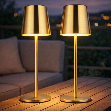 LED Tischlampe Akku Tischleuchte Touch Außen Innen gold Gartenleuchte Touchdimmer USB, Metall, 2W 50Lm warm-kaltweiß, DxH 8,5x28 cm, 2er Set (1/5)