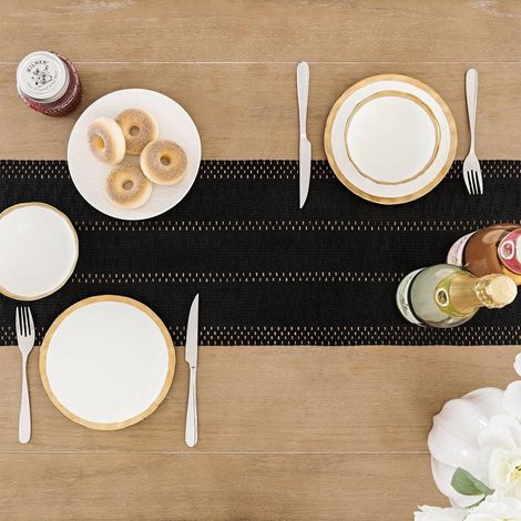 Chemin de table - nappe - Chemin de table style bohème - Chemin de table rose - avec pompons noués - Décoration intérieure tissée style ferme - Noir - 30 x 240 cm (1/5)