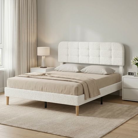 Cadre de lit (160 x 200 cm) avec sommier à lattes, tête de lit réglable, couvre-lit double en velours peluche, lattes en bois, blanc