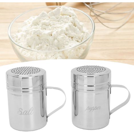 Lot de 2 salières et poivrières en acier inoxydable avec couvercle et poignée, idéales pour la cuisine et la pâtisserie. (1/5)