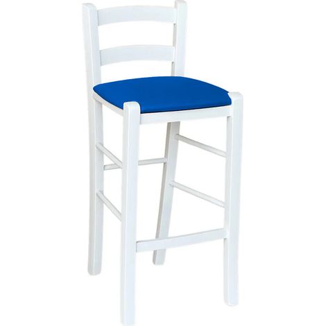 Weißer Holzhocker mit blauem Kunstledersitz, Höhe 67 cm vom Boden bis zur Sitzfläche