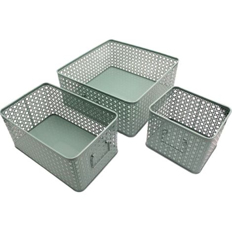 Lot de 3 paniers de rangement rectangulaires en métal cannage vert - BOX & BEYOND