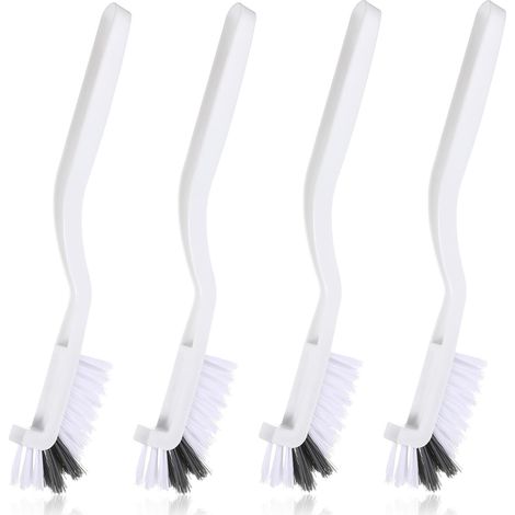 Ein Set aus vier Küchenreinigungsbürsten, darunter eine rechtwinklige Reinigungsbürste, geeignet zur Reinigung von Spülbecken, Arbeitsplatten, Kanten und Ecken.