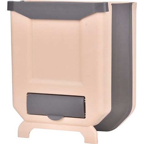 Khaki Foldable Plastic Kitchen Trash Can Wall Mounted Cupboard Door Hanging Trash Can 8L (1/5)