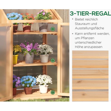 Mini-serre en bois avec cadre, fenêtre et double porte, 3 étagères, 70L x 50l x 120H cm, marron (1/4)