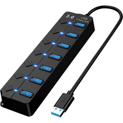 PA USB 3.0-Hub, 7-Port-USB-Hub, Multi-7-Port-USB-Steckdosenleiste mit unabhängigem Schalter und LEDs, 5 Gbit/s angetriebener USB 3.0-Hub für iMac, USB-Flash-Laufwerke, Xbox, PC (1/5)
