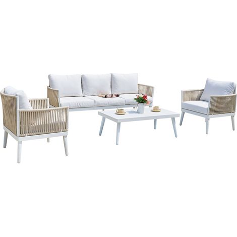 MOMMA HOME SET DE JARDIN 4 PIEZAS MODELO CALPE ALUMINIO BLANCO, COJINES Y CUERDAS (1/5)