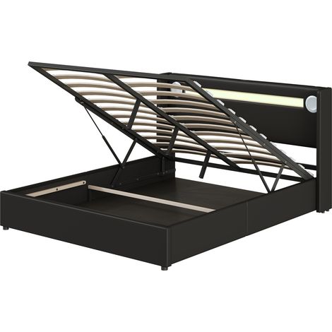 Lit coffre rembourré PU noir 160x200 cm avec LED, Bluetooth, USB et sommier à lattes (1/5)