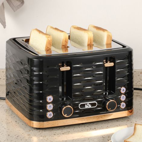 4-Scheiben-Toaster, wellenförmiges Design, mehrere Funktionen, Krümelfach, Schwarz