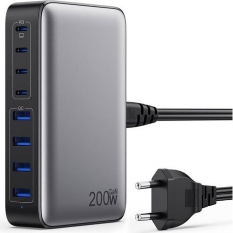 Chargeur USB-C 200 W, charge rapide avec technologie GaN III, 8 ports PD QC PPS, adaptateur secteur 65 W pour ordinateur portable compatible avec MacBook Pro/Air, iPhone, iPad Pro, Galaxy et Steam Dec (1/5)