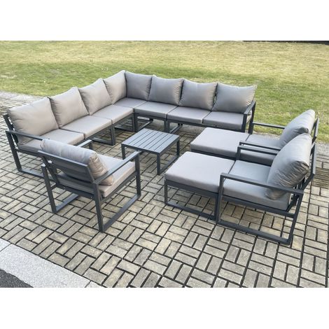 Fimous Aluminium Outdoor Garden Furniture Set Lounge Corner Sofa 3 Pcs Chair Square Coffee Table Sets with 2 Big Footstools Dark Grey (1/5)