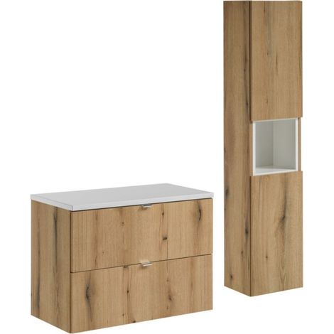 Set da bagno VANO effetto quercia e bianco 110cm: mobili sotto lavabo con cassetti + piano per lavabo + colonna
