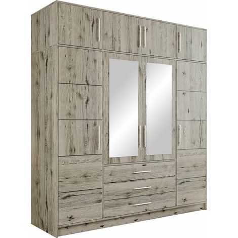 Armario Dortivu I, Roble wellington, 245x196x58cm, Puertas de armario: Con bisagras, Número de estantes: 8 (1/5)
