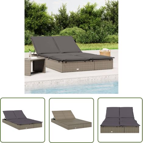 The Living Store Sonnenliege für 2 Personen mit Auflage Grau Poly Rattan - Sonnenliege - Gartenmöbel - Outdoor Möbel - Relaxsessel - Lounge Chair (1/5)