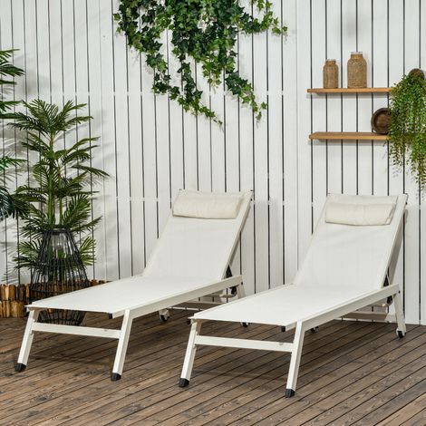 Chaise longue inclinable 2 pièces en aluminium et polyester. 55 x 195 x 30 cm. Beige. (1/5)