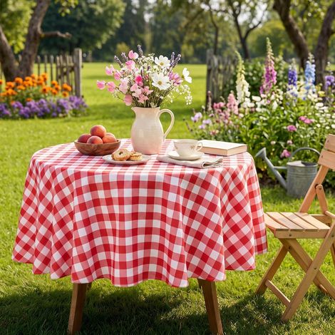 Runde Tischdecke kariert 140cm wasserabweisend rot-weiß für Innen & Außen