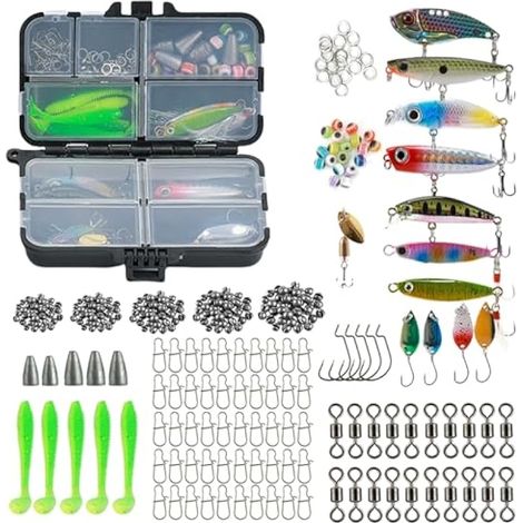 187 pièces Kit de pêche avec boîte, leurres et accessoires : cuillères 3,5g, hameçons n°6, jigs, plombs 3,5-5g, émerillons et leurres durs pour truite, bar, perche, brochet