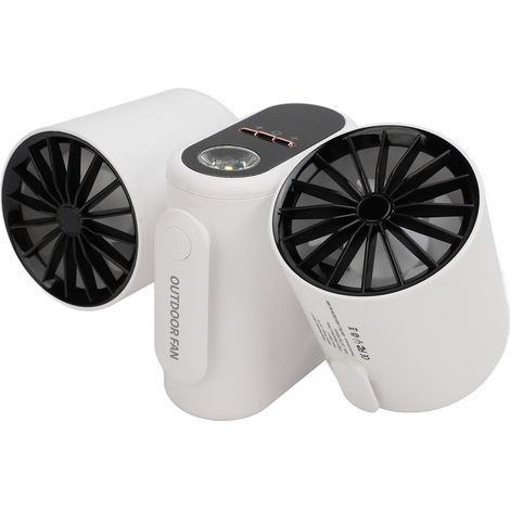 Ventilateur de taille portable à 3 vitesses, double tête, avec lumière, turbo, USB, batterie 8000 mAh, idéal pour les chantiers, le camping et les voyages (blanc). (1/5)