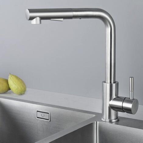 Robinet Cuisine Douchette Noir, Mitigeur Cuisine avec Douchette Extractible, Robinetterie de Cuisine Brossé Inox 304, Mitigeur Evier Rotatif à 360°, Robinet Evier 2 Jets(Inox Brossé) (1/5)