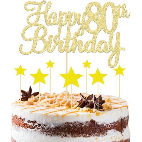 8 Pièces Dor Décoration de Gâteau 80e Anniversaire, 1 Garniture de Gâteau 80e Anniversaire et 7 Garnitures de Gâteau Étoile, Décoration de Gâteau 80 Ans pour 80e Anniversaire Fournitures de Fête