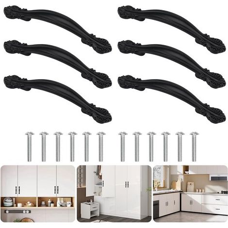 Ensemble de 6 poignées - Entraxe de 64 mm - Poignées de meuble noires style vintage - Convient aux portails de jardin