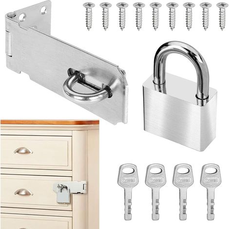 Kit de moraillon de cadenas avec cadenas et vis, loquet de sécurité pour chambre, jardin, abri de jardin, garage, porte d'armoire (argenté) (1/5)