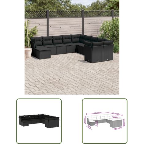 The Living Store 11-tlg. Garten-Sofagarnitur mit Kissen Schwarz Poly Rattan - Gartensofas - Outdoor Möbel - Lounge Set - Rattan Sofa - Gartenlounge (1/3)