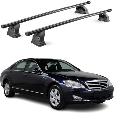 OMAC Barres de toit transversales en acier pour Mercedes Classe S W221 2006-2013 – TÜV / DIN 75302:2019 – Antivol inclus – Rainure en T (accessoires) – Charge max 75 kg – 2 barres – Noir (1/4)