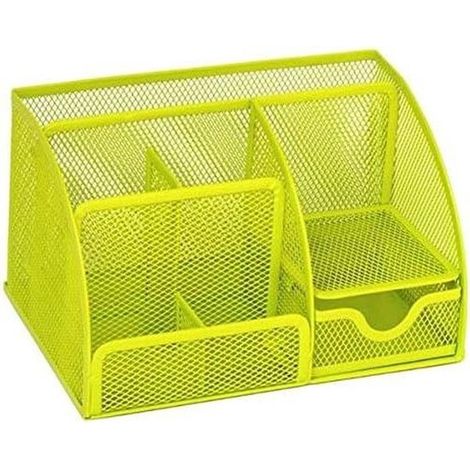 Porte-stylos à 6 compartiments et 1 tiroir - Organiseur de bureau - Maille - Métal - Vert (1/5)