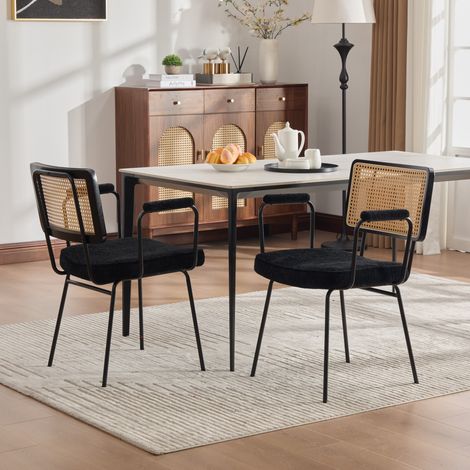 Silla de comedor moderna, juego de 2, tapizado en chenilla, con reposabrazos, marco de madera maciza en el respaldo, aspecto de ratán, pies de metal ajustables - Negro (1/5)