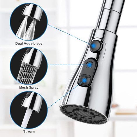Cabezal de ducha de cocina con chorro giratorio de 360 grados, 3 configuraciones, boquilla para grifo de cocina y adaptador universal para grifo. (1/4)