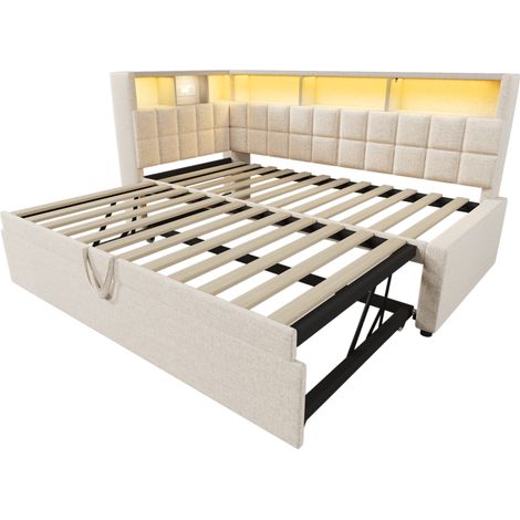 Lit coffre beige 90x200 cm avec lit gigogne 90x190 cm, éclairage LED, Bluetooth, ports USB et Type-C, tête de lit en L avec espace de rangement sans matelas (1/5)