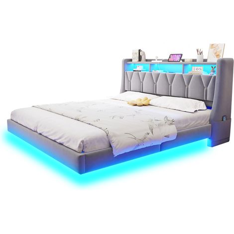 CHICFURN Lit double 180x200 cm en velours gris clair, tête de lit relevable avec prise européenne, USB et Type-C, LED, rangements intégrés, design flottant (1/5)