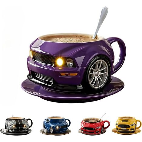Tasse à café créative en acier inoxydable à double couche en forme de voiture, durable, faite à la main, pour voiture, bureau, eau, sous-verres non inclus, violet (1/5)