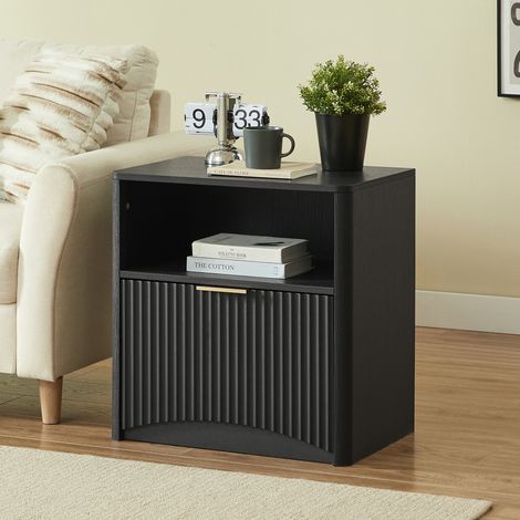 Table de chevet 58x38x60 cm en bois noir, gain de place pour chambre et salon FloraGrace (1/5)