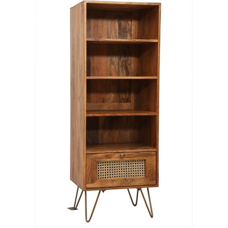 Nyack Cabinet with Drawer - Mango Wood/Iron - L40 x W50 x H137 cm - Light Brown with Natural Rattan - Assembly Required
