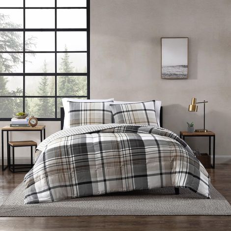 Parure de lit Douce et Confortable, Couette réversible, Polyester, Carreaux Gris, très Grand lit (1/5)
