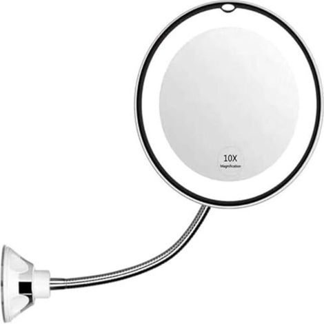 Miroir de maquillage avec lumière LED, miroir grossissant 10x avec 14 LED, col de cygne 360° et ventouse, miroir cosmétique pliable flexible pour voyage et salle de bain, blanc/argent (1/5)
