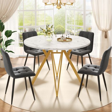 Ensemble de salle à manger 5 pièces MDF effet marbre et métal doré, table ronde 100x76 cm avec 4 chaises grises en lin (1/5)