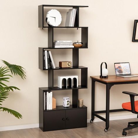 Libreria con puertas y estante de 5 niveles de madera 183 x 70 x 23 cm separador de ambientes negro