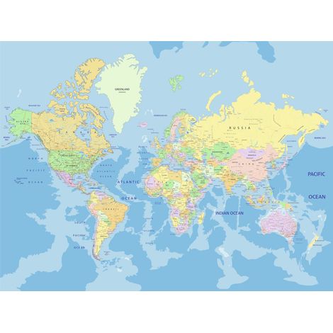 Papier peint panoramique carte du monde bleu jaune vert – Dimensions 360 x 270 cm – Intissé facile à poser – Écologique certifié FSC (1/3)