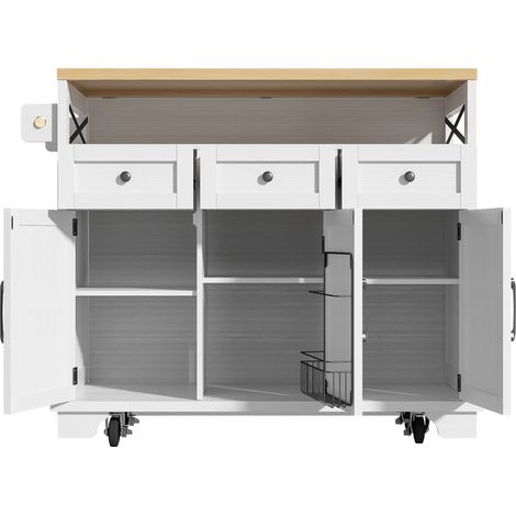 Isola cucina mobile bianca 118 x 43 x 98 cm con piano effetto legno, vani e ruote (1/5)